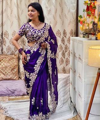 Blue Rangoli silk blend Embroidered saree With Blouse 1