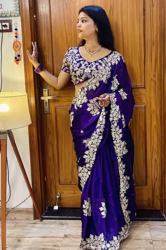 Blue Rangoli silk blend Embroidered saree With Blouse