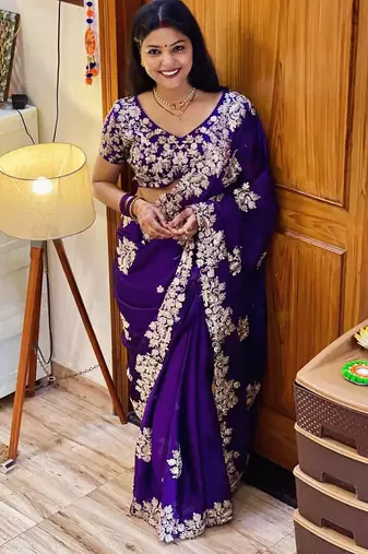 Blue Rangoli silk blend Embroidered saree With Blouse