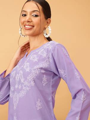 Hand embroidered mauve cotton lucknowi chikankari short kurti 6