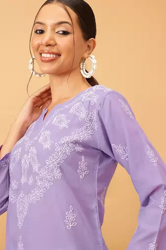 Hand embroidered mauve cotton lucknowi chikankari short kurti