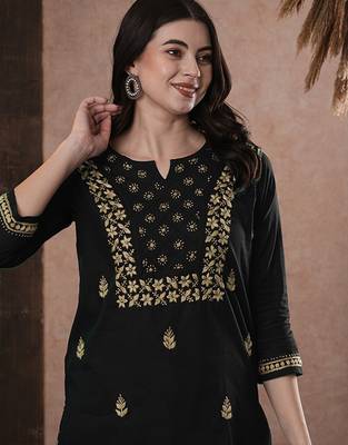 Hand embroidered black cotton lucknowi chikankari straight kurti 6