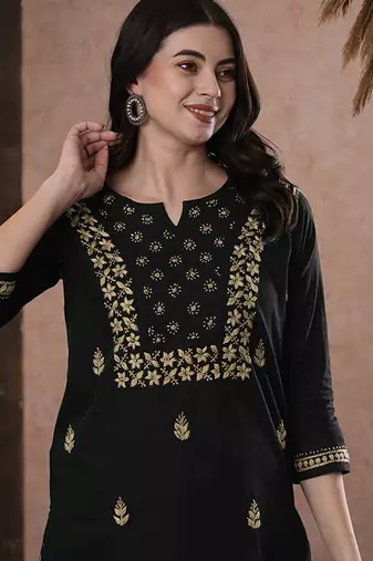 Hand embroidered black cotton lucknowi chikankari straight kurti