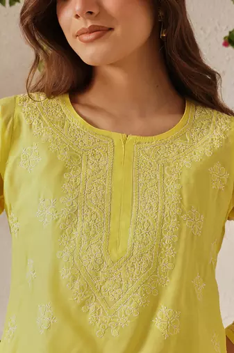 Hand embroidered yellow cotton lucknowi chikankari short kurti