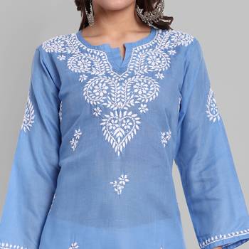 Hand embroidered pantone blue cotton lucknowi chikankari straight kurti 6