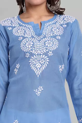 Hand embroidered pantone blue cotton lucknowi chikankari straight kurti