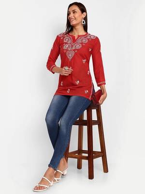 Hand embroidered red cotton lucknowi chikankari kurti 6