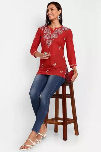 Hand embroidered red cotton lucknowi chikankari kurti