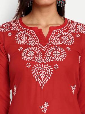 Hand embroidered red cotton lucknowi chikankari kurti 7
