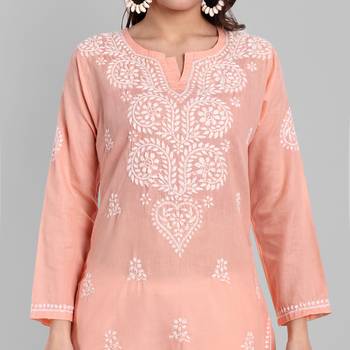 Hand embroidered peach cotton lucknowi chikankari kurti 6