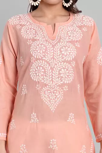 Hand embroidered peach cotton lucknowi chikankari kurti