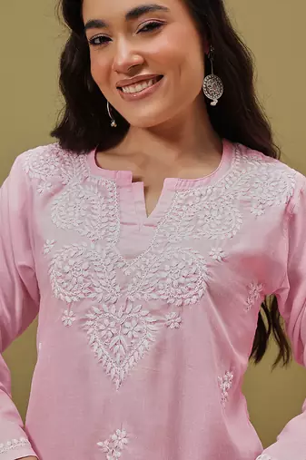 Hand embroidered pink cotton lucknowi chikankari kurti