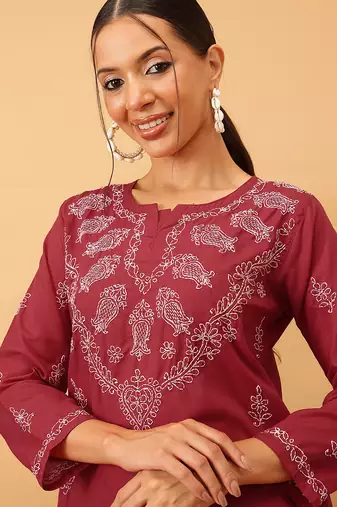 Hand embroidered maroon cotton lucknowi chikankari short kurti