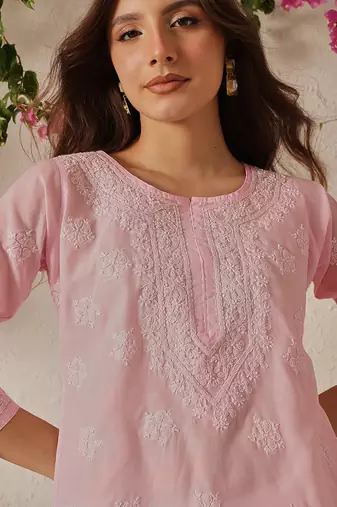 Hand embroidered pink cotton lucknowi chikankari kurti