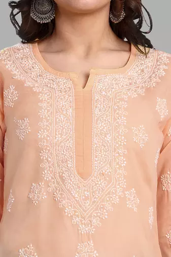 Hand embroidered crayola peach cotton lucknowi chikankari short kurti