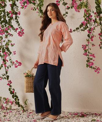 Hand embroidered light peach cotton lucknowi chikankari short kurti 6