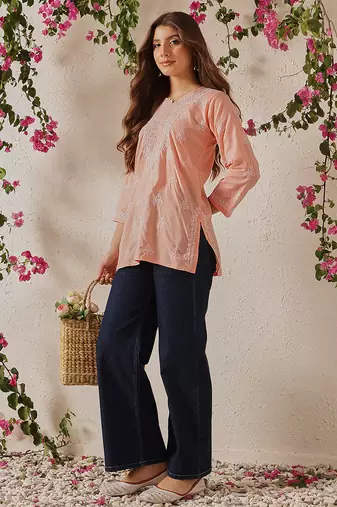 Hand embroidered light peach cotton lucknowi chikankari short kurti