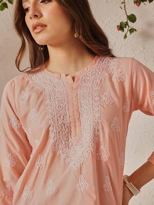 Hand embroidered light peach cotton lucknowi chikankari short kurti 7