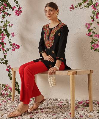 Hand embroidered black cotton lucknowi chikankari short kurti 6