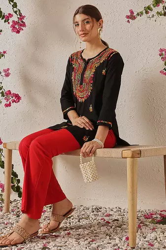 Hand embroidered black cotton lucknowi chikankari short kurti