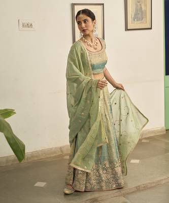 Turquoise embroidered TISSUE Lehenga 1