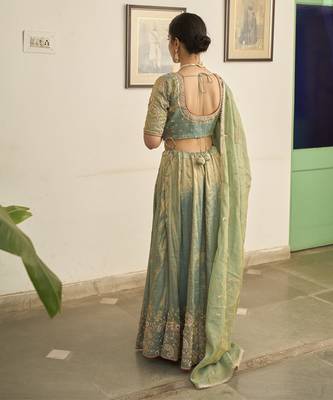 Turquoise embroidered TISSUE Lehenga 2