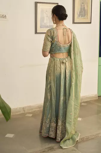 Turquoise embroidered TISSUE Lehenga