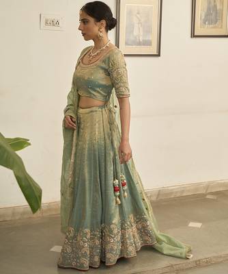Turquoise embroidered TISSUE Lehenga 4