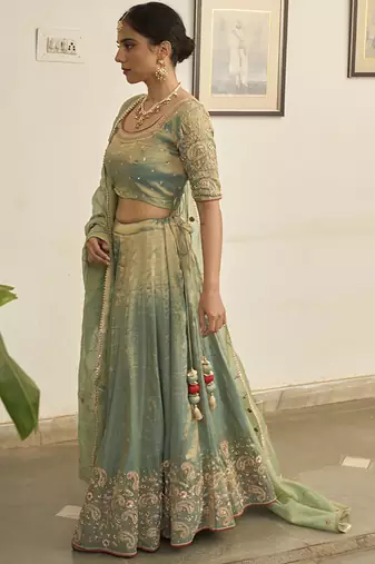 Turquoise embroidered TISSUE Lehenga