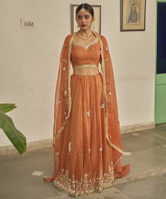 Orange embroidered TISSUE Lehenga 1