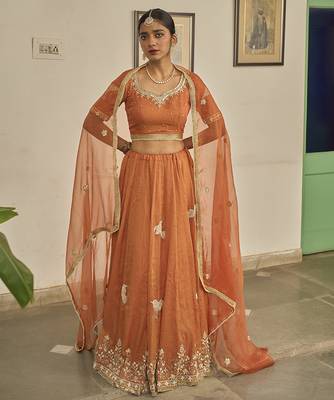Orange embroidered TISSUE Lehenga 2