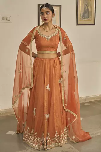 Orange embroidered TISSUE Lehenga