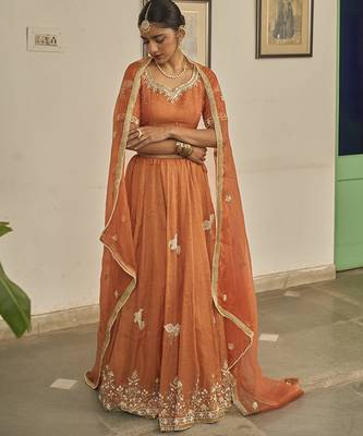 Orange embroidered TISSUE Lehenga 3