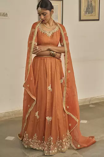 Orange embroidered TISSUE Lehenga