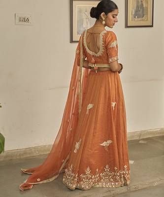Orange embroidered TISSUE Lehenga 4