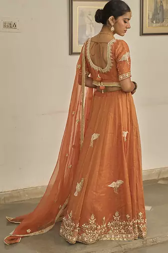 Orange embroidered TISSUE Lehenga