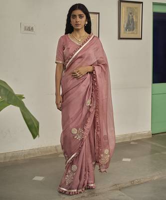Light pink kota silk hand embroidered saree 1
