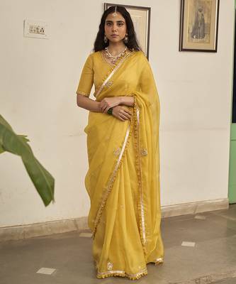 Yellow kota silk hand embroidered saree 1