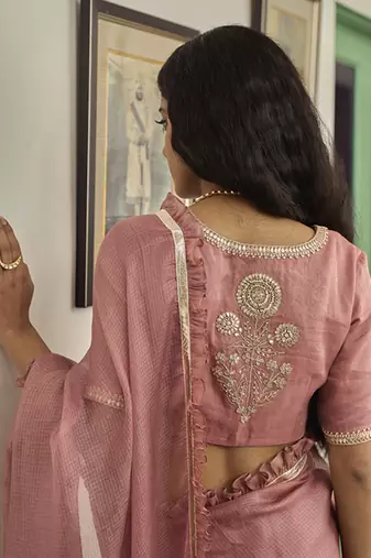 Light pink kota silk hand embroidered saree