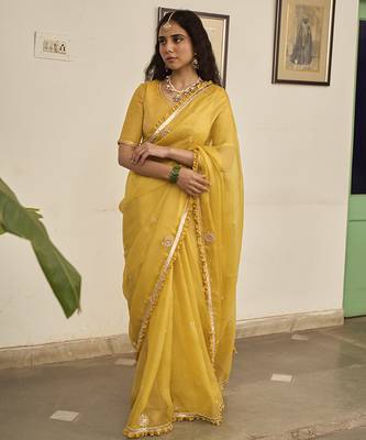 Yellow kota silk hand embroidered saree 2