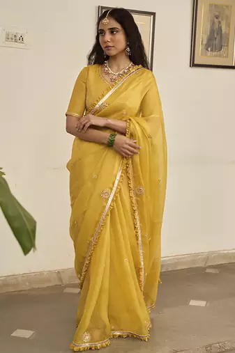 Yellow kota silk hand embroidered saree