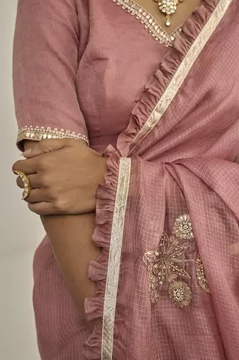 Light pink kota silk hand embroidered saree