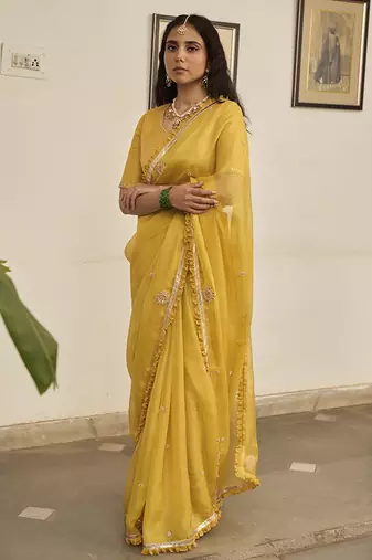 Yellow kota silk hand embroidered saree