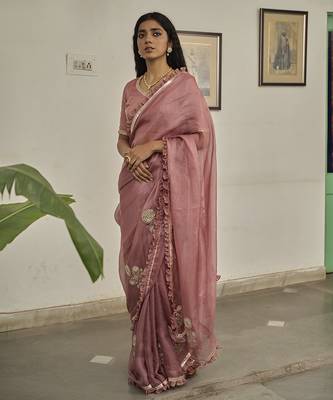 Light pink kota silk hand embroidered saree 5