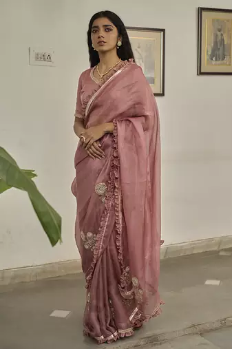 Light pink kota silk hand embroidered saree