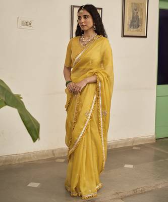 Yellow kota silk hand embroidered saree 4