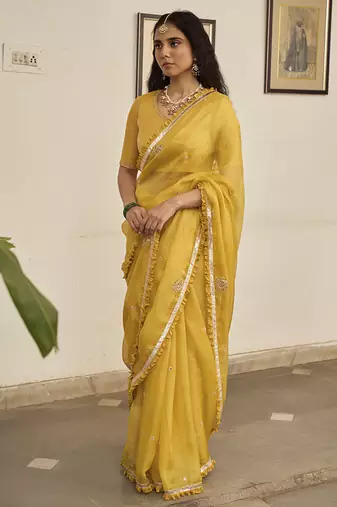 Yellow kota silk hand embroidered saree