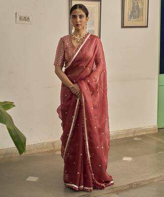 Pink kota silk hand embroidered saree 1