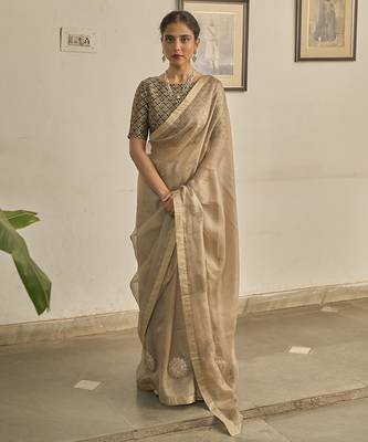 Grey kota silk hand embroidered saree 1