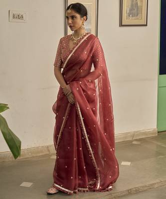 Pink kota silk hand embroidered saree 2